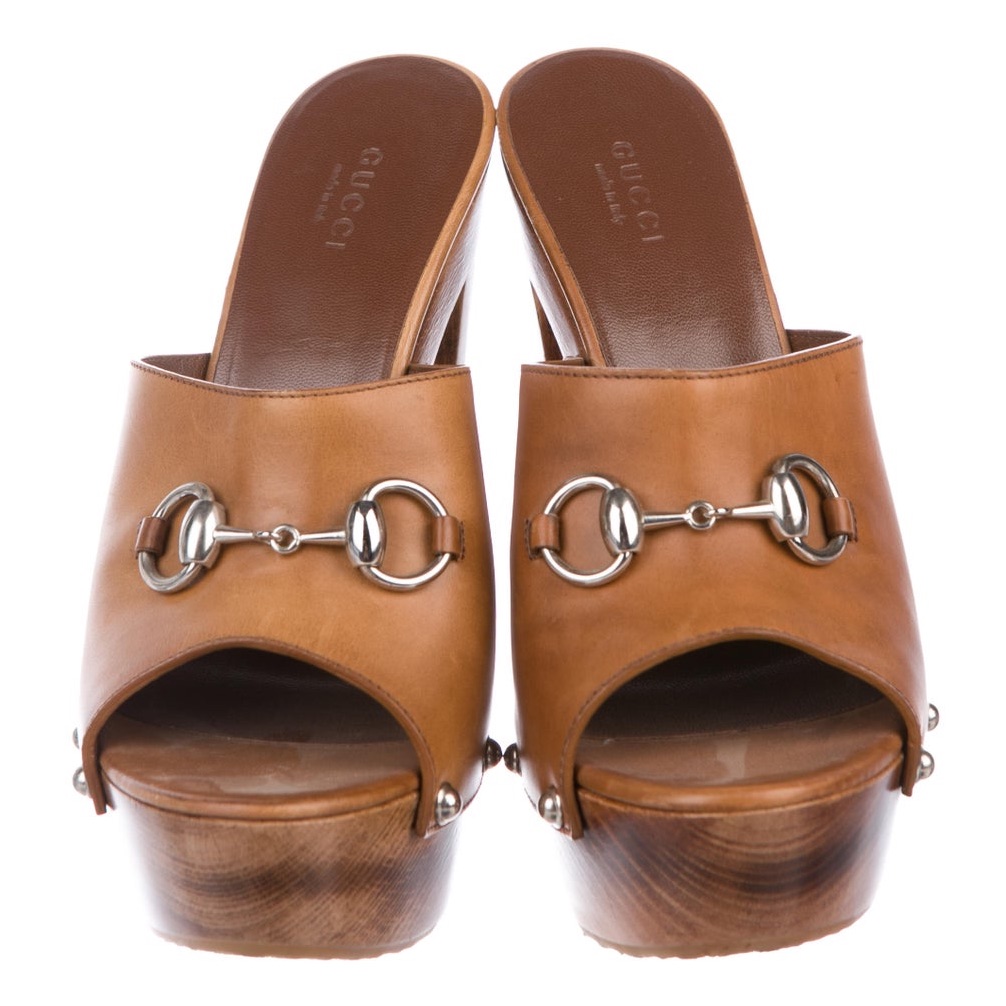 Gucci Women's Tan Leather Platform Mules Nib